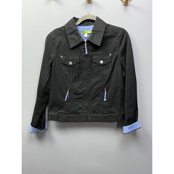 Sigrid Olsen Jacket Women's Size 10 Black trucker with contrasting cuffs pockets - Picture 1 of 7